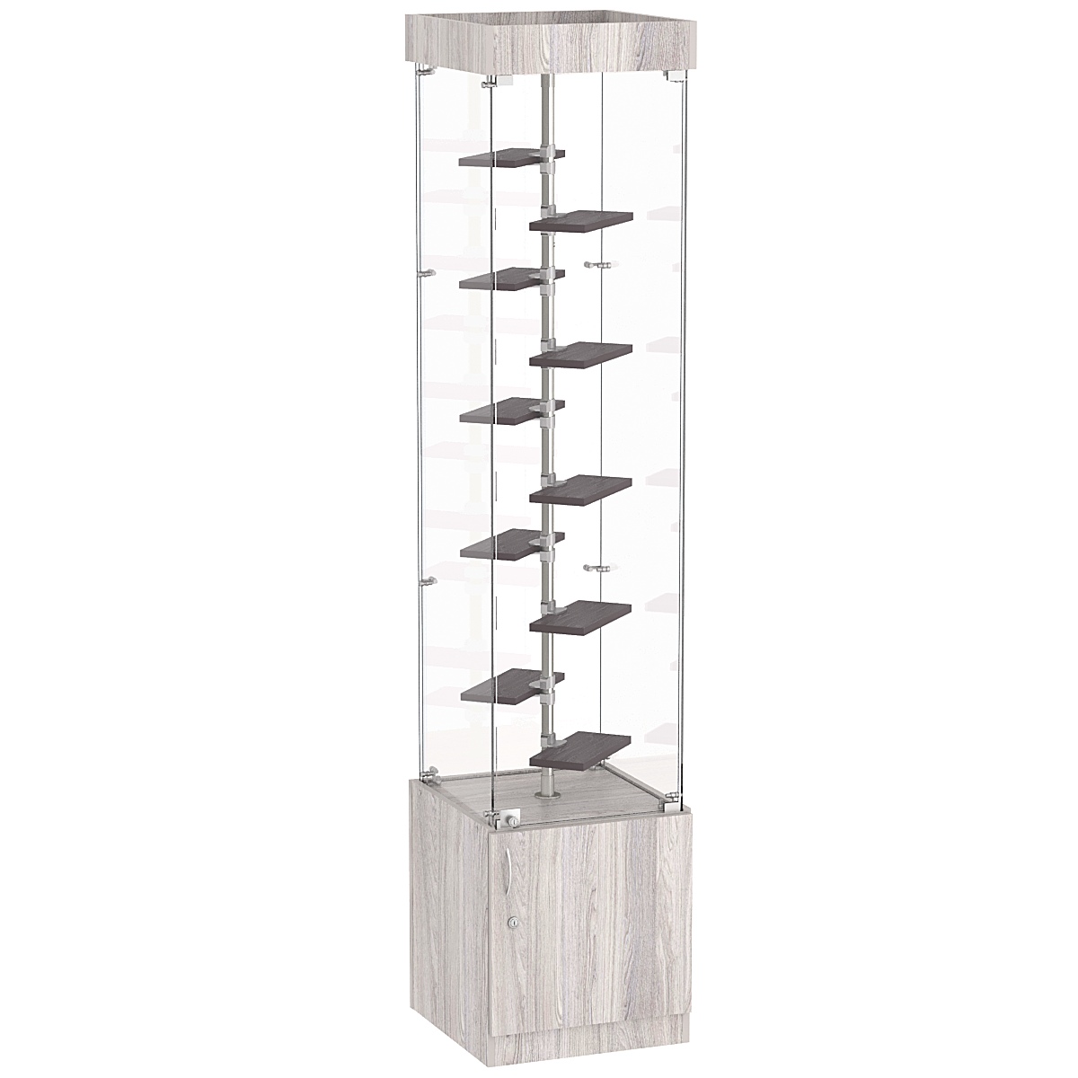 Стеклянная торговая витрина с прозрачными стенками и маленькими полками ДСП серии Протон №2-2 Ясень Анкор светлый + Ясень Анкор темный