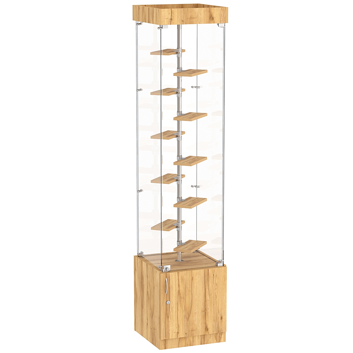 Стеклянная торговая витрина с прозрачными стенками и маленькими полками ДСП серии Протон №2-2 Дуб Золотистый