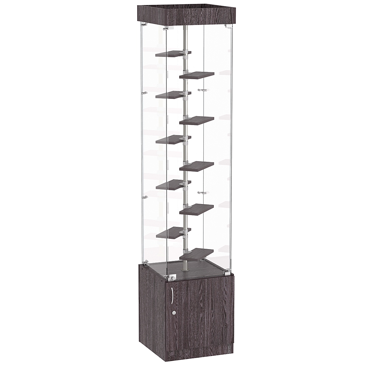 Стеклянная торговая витрина с прозрачными стенками и маленькими полками ДСП серии Протон №2-2 Ясень Анкор темный - U31105