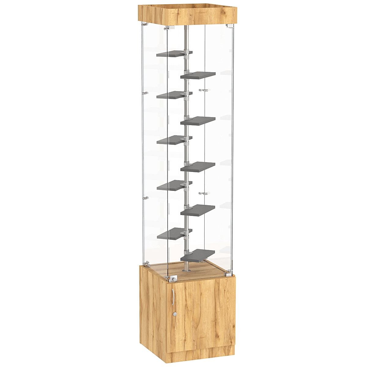 Стеклянная торговая витрина с прозрачными стенками и маленькими полками ДСП серии Протон №2-2 Дуб Золотистый и Темно-Серый