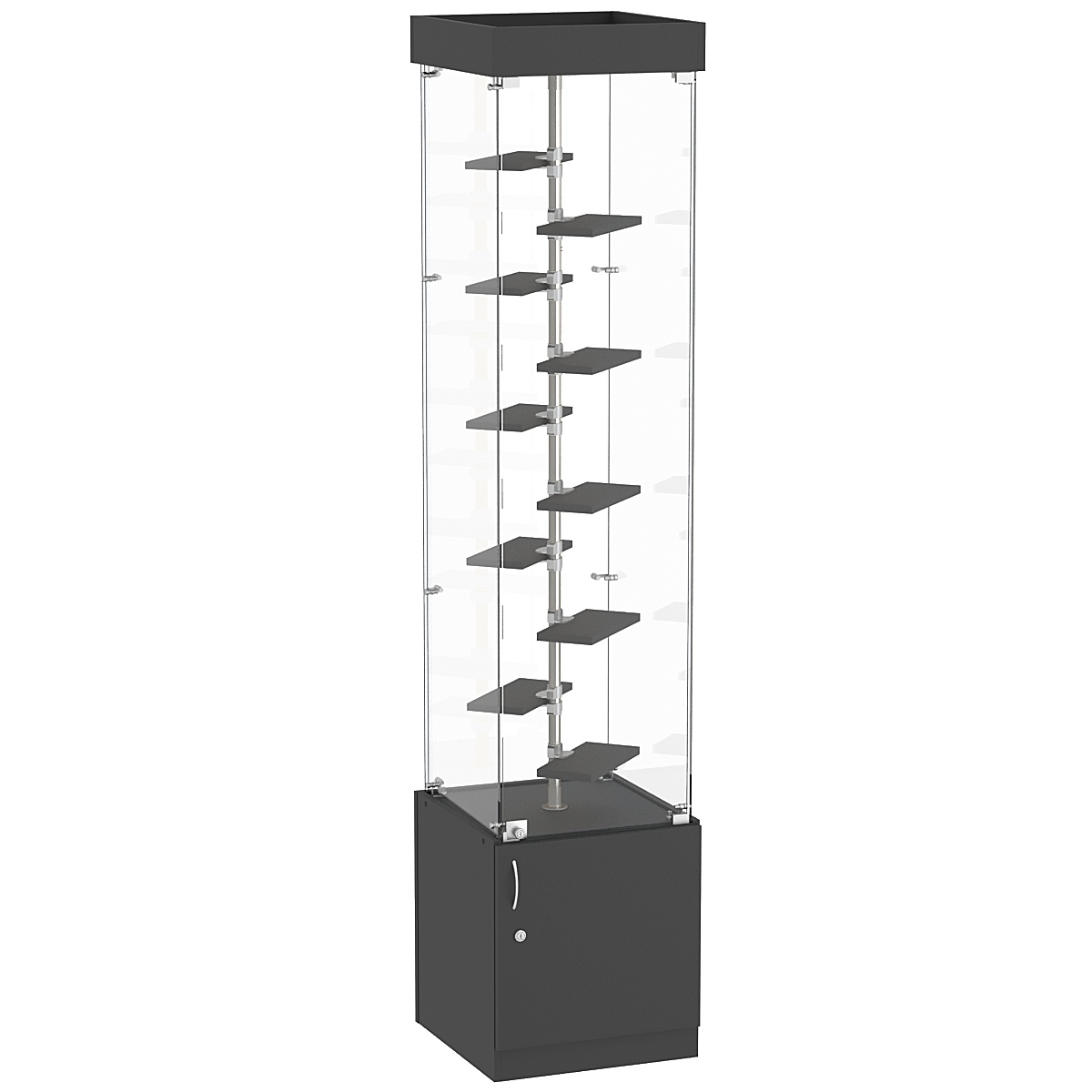 Стеклянная торговая витрина с прозрачными стенками и маленькими полками ДСП серии Протон №2-2 Черный