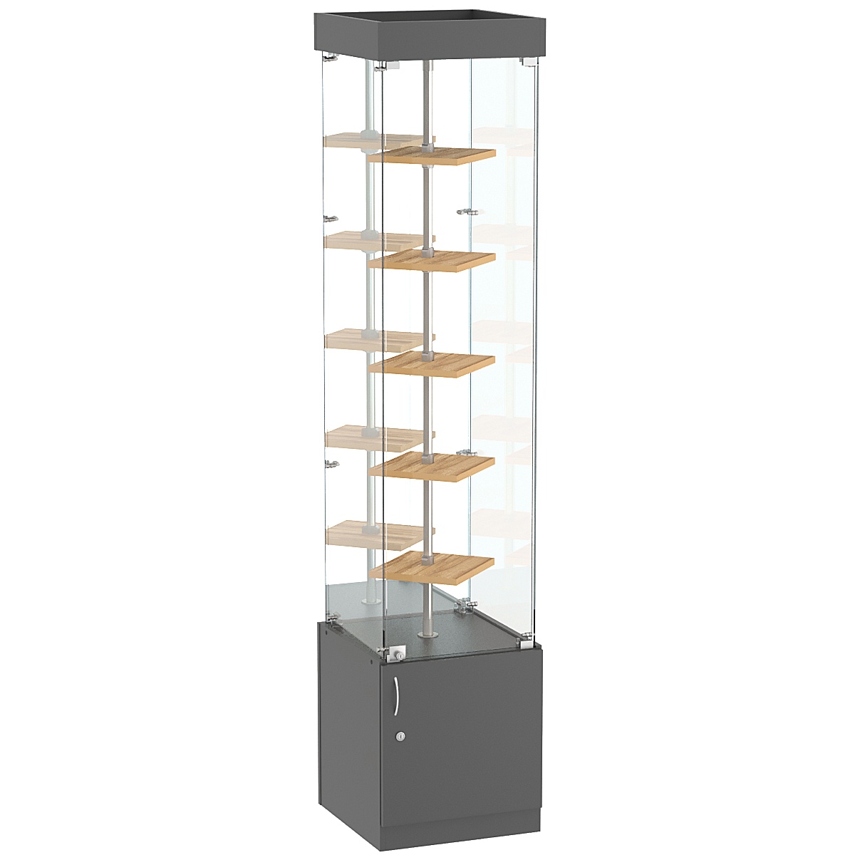 Стеклянная торговая витрина зеркальная с двойными полками ДСП серии Протон №4-1 Темно-Серый  + Дуб Золотистый