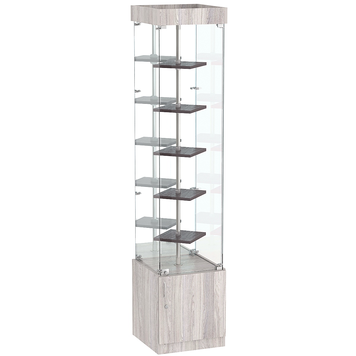 Стеклянная торговая витрина зеркальная с двойными полками ДСП серии Протон №4-1 Ясень Анкор светлый + Ясень Анкор темный