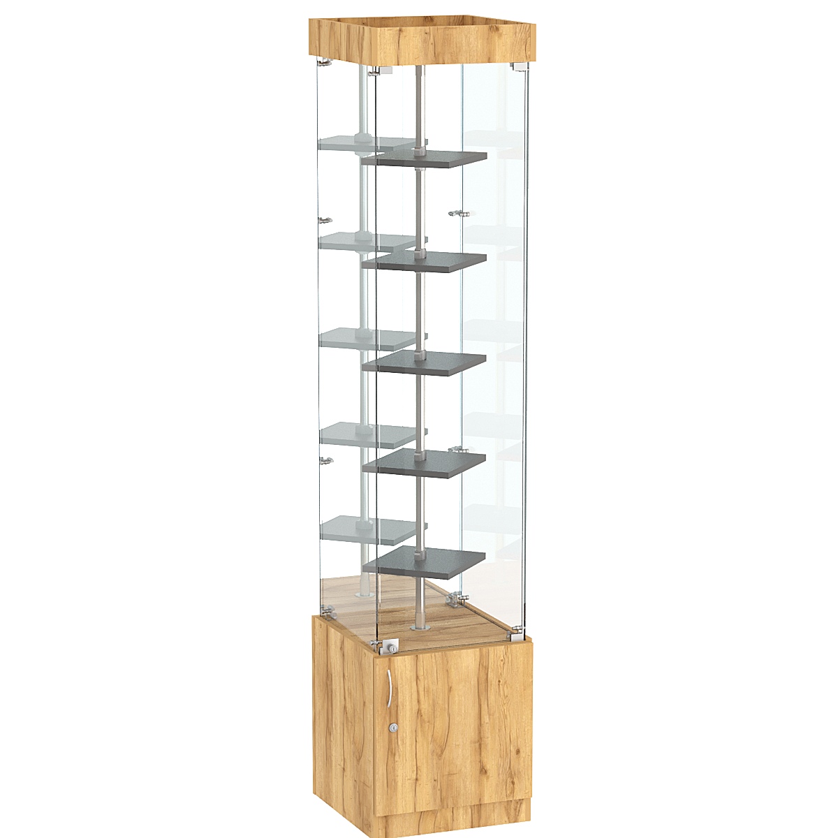 Стеклянная торговая витрина зеркальная с двойными полками ДСП серии Протон №4-1 Дуб Золотистый и Темно-Серый