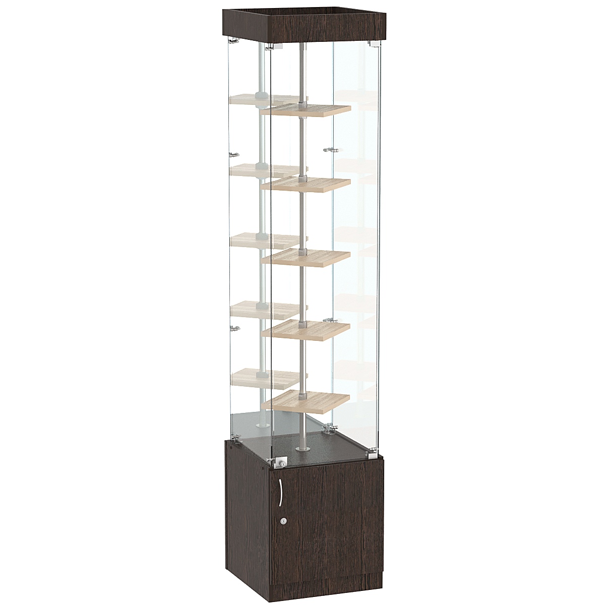 Стеклянная торговая витрина зеркальная с двойными полками ДСП серии Протон №4-1 Дуб Венге и Дуб Сонома