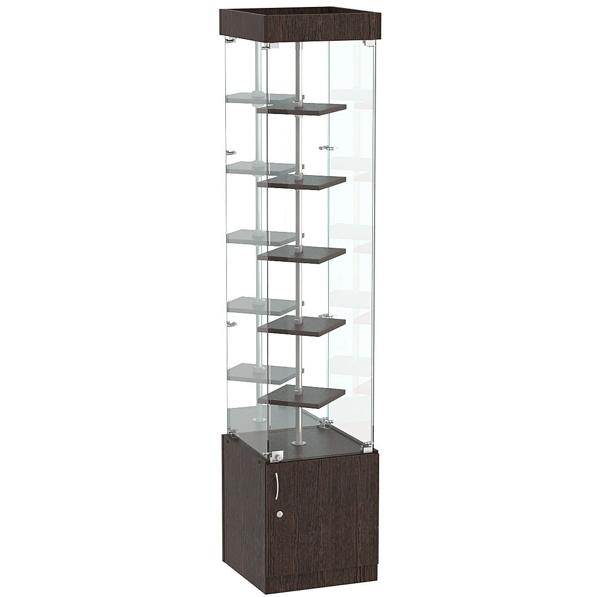 Стеклянная торговая витрина зеркальная с двойными полками ДСП серии Протон №4-1 Дуб Венге