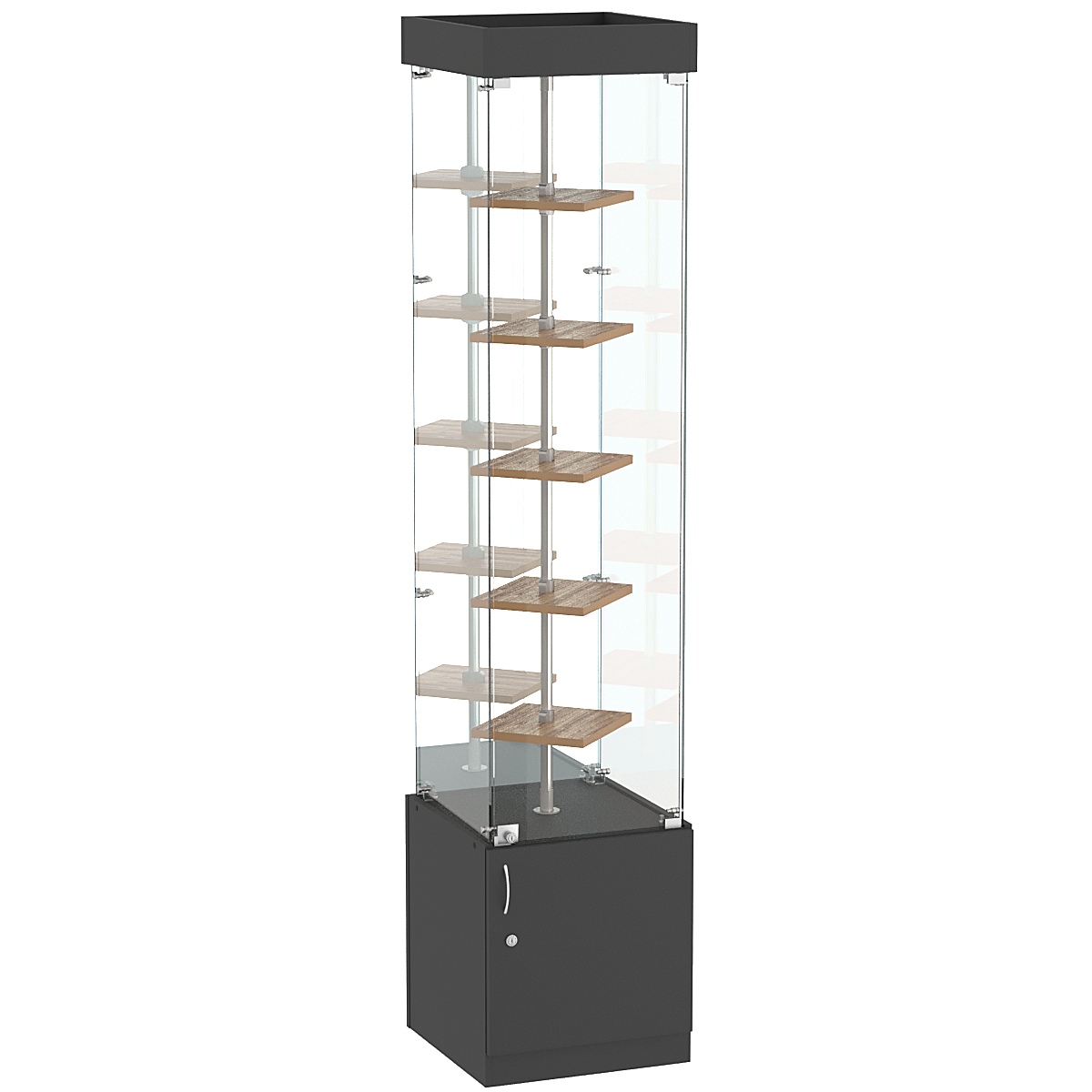 Стеклянная торговая витрина зеркальная с двойными полками ДСП серии Протон №4-1 Черный + Дуб Канзас коричневый