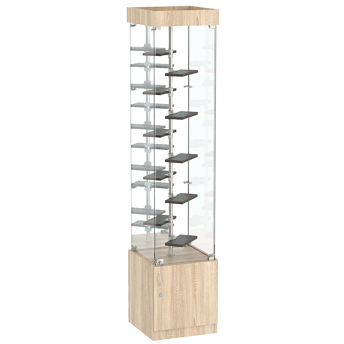 Стеклянная торговая витрина квадратной конструкции с небольшими полками ДСП серии Протон №4-2 Дуб Сонома + Дуб Венге