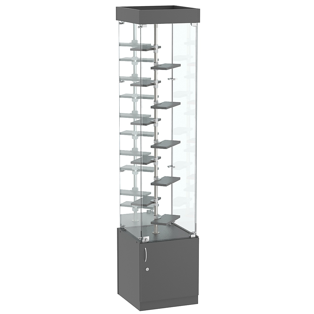 Стеклянная торговая витрина квадратной конструкции с небольшими полками ДСП серии Протон №4-2 Темно-Серый