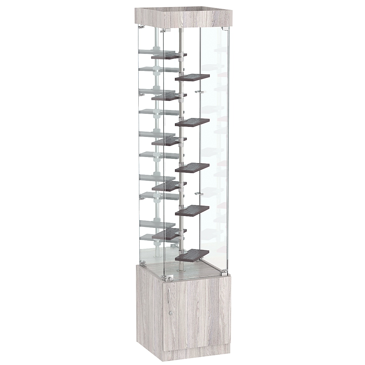 Стеклянная торговая витрина квадратной конструкции с небольшими полками ДСП серии Протон №4-2 Ясень Анкор светлый + Ясень Анкор темный