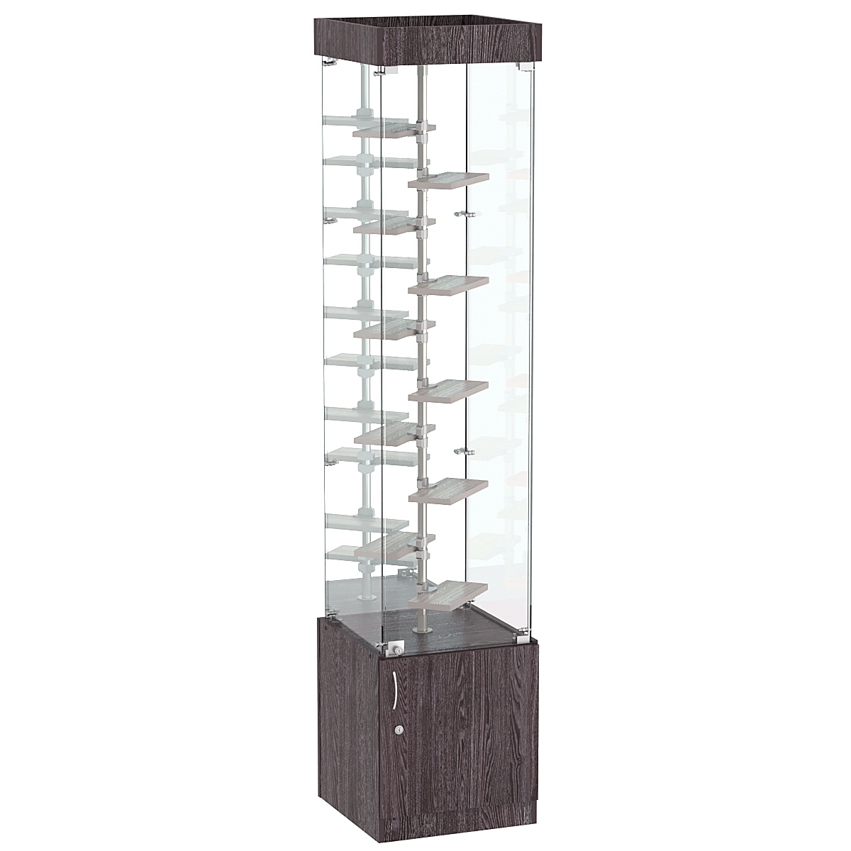 Стеклянная торговая витрина квадратной конструкции с небольшими полками ДСП серии Протон №4-2 Ясень Анкор темный + Ясень Анкор светлый