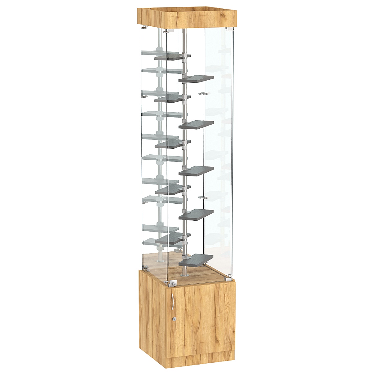 Стеклянная торговая витрина квадратной конструкции с небольшими полками ДСП серии Протон №4-2 Дуб Золотистый и Темно-Серый