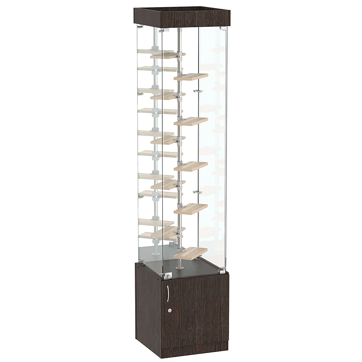 Стеклянная торговая витрина квадратной конструкции с небольшими полками ДСП серии Протон №4-2 Дуб Венге и Дуб Сонома