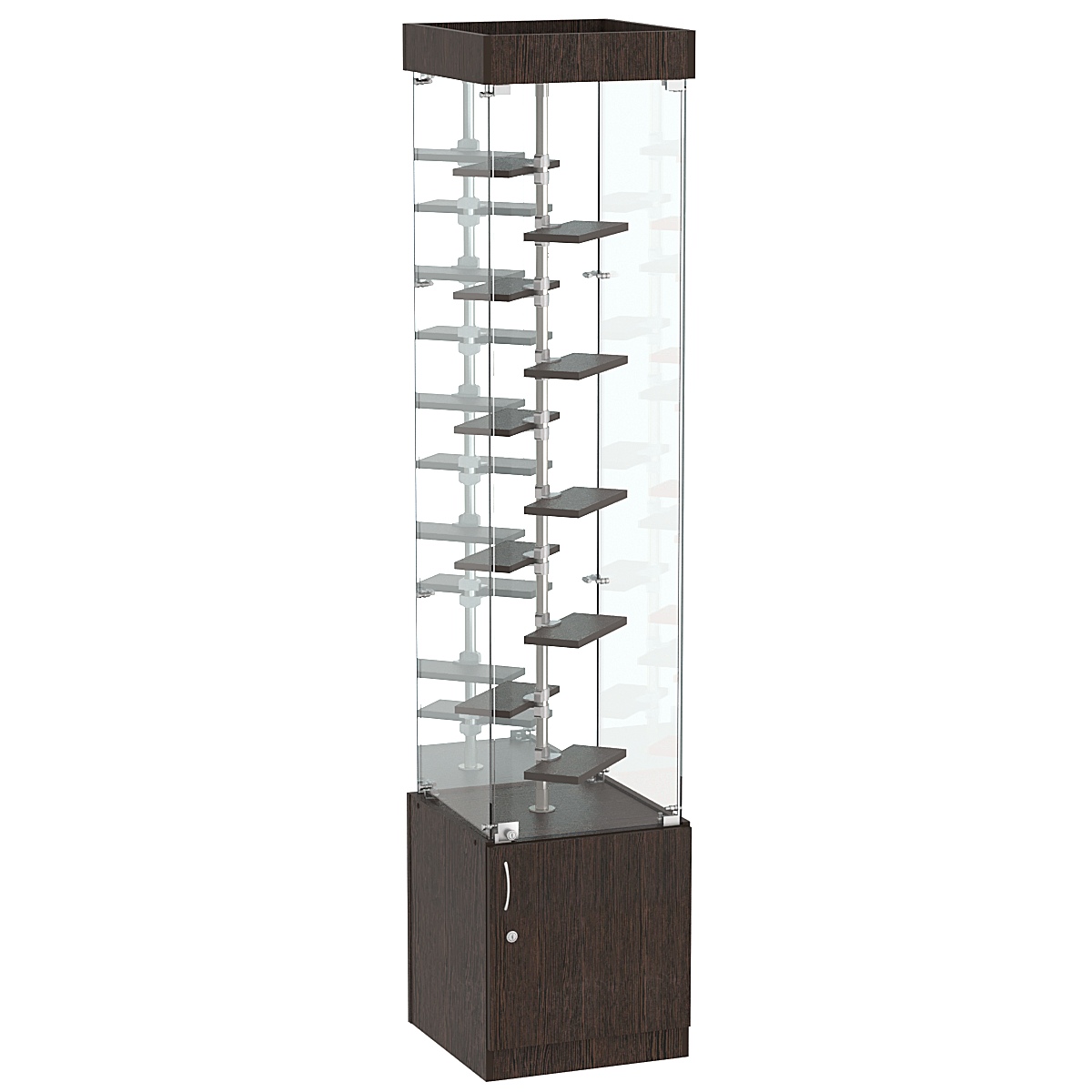 Стеклянная торговая витрина квадратной конструкции с небольшими полками ДСП серии Протон №4-2 Дуб Венге