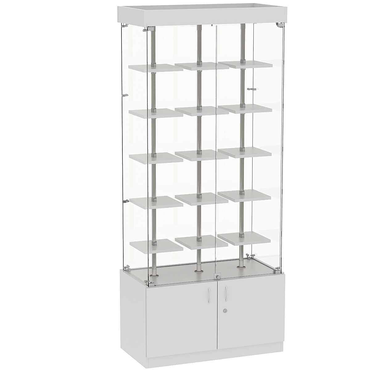 Стеклянная торговая витрина прямоугольная с маленькими полками ДСП серии Протон №1-1 Cерый