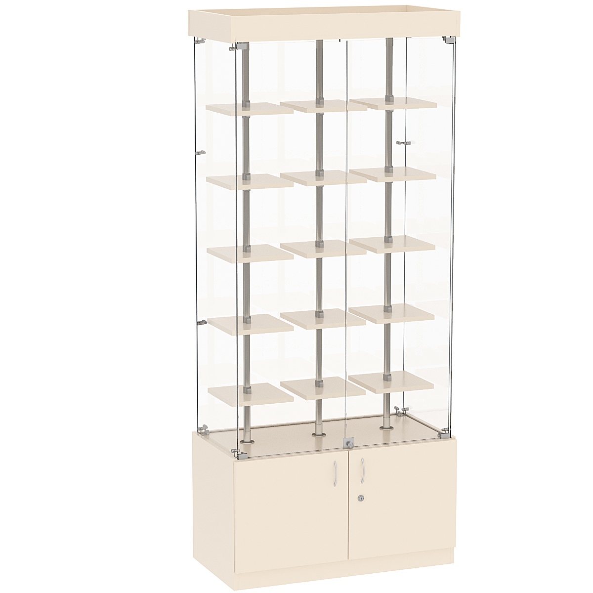 Стеклянная торговая витрина прямоугольная с маленькими полками ДСП серии Протон №1-1 Крем Вайс