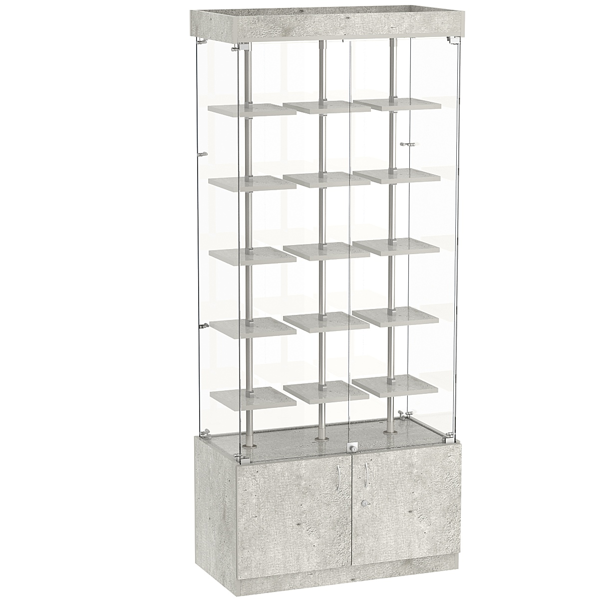 Стеклянная торговая витрина прямоугольная с маленькими полками ДСП серии Протон №1-1 Метрополитан Грей