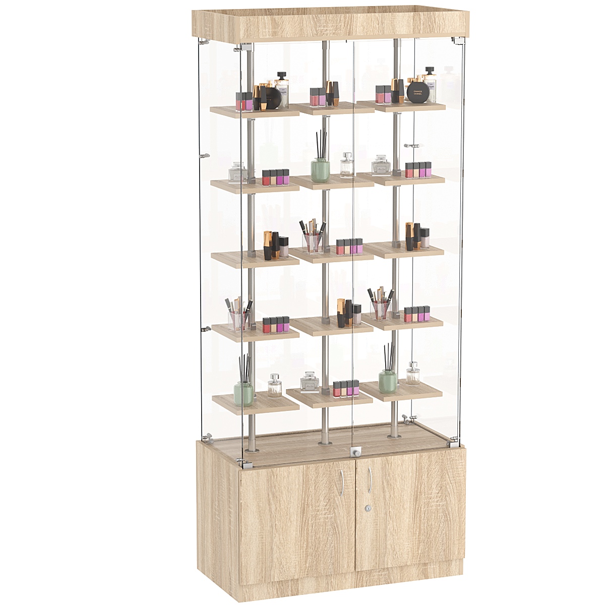 Стеклянная торговая витрина прямоугольная с маленькими полками ДСП серии Протон №1-1 Дуб сонома