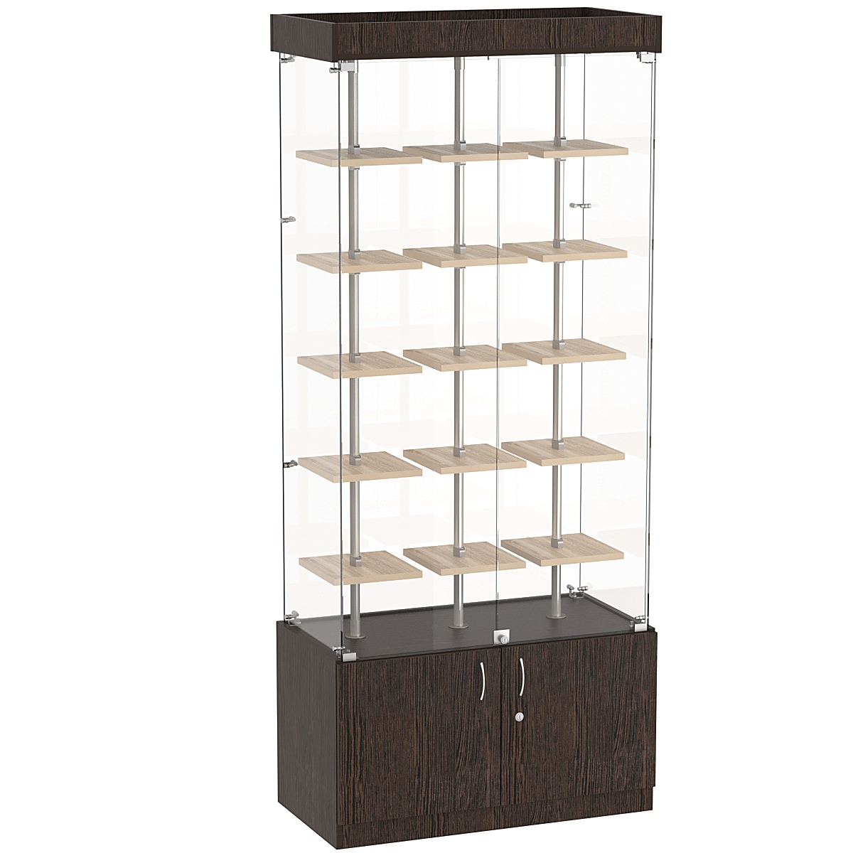 Стеклянная торговая витрина прямоугольная с маленькими полками ДСП серии Протон №1-1 Дуб Венге и Дуб Сонома