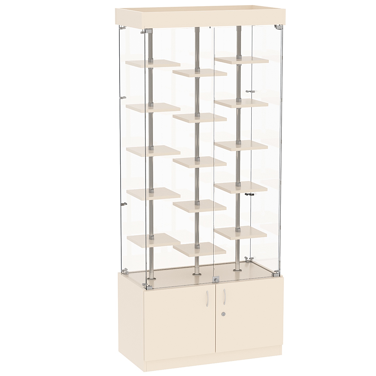 Стеклянная торговая витрина с накопителем и миниатюрными полками ДСП серии Протон №1-2 Крем Вайс