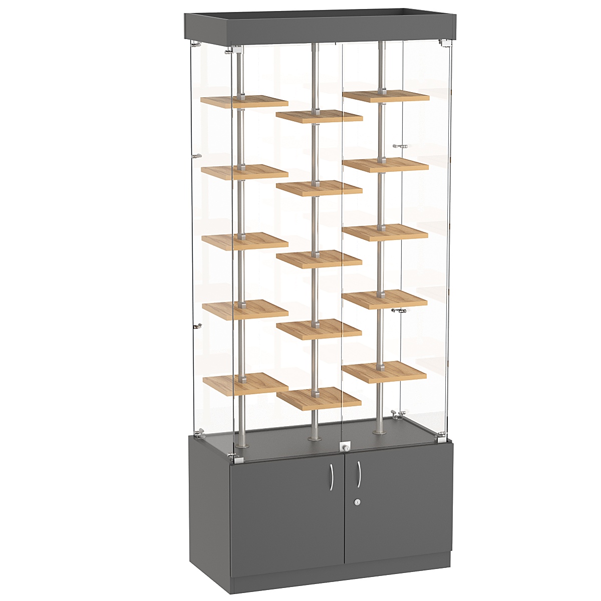 Стеклянная торговая витрина с накопителем и миниатюрными полками ДСП серии Протон №1-2 Темно-Серый  + Дуб Золотистый