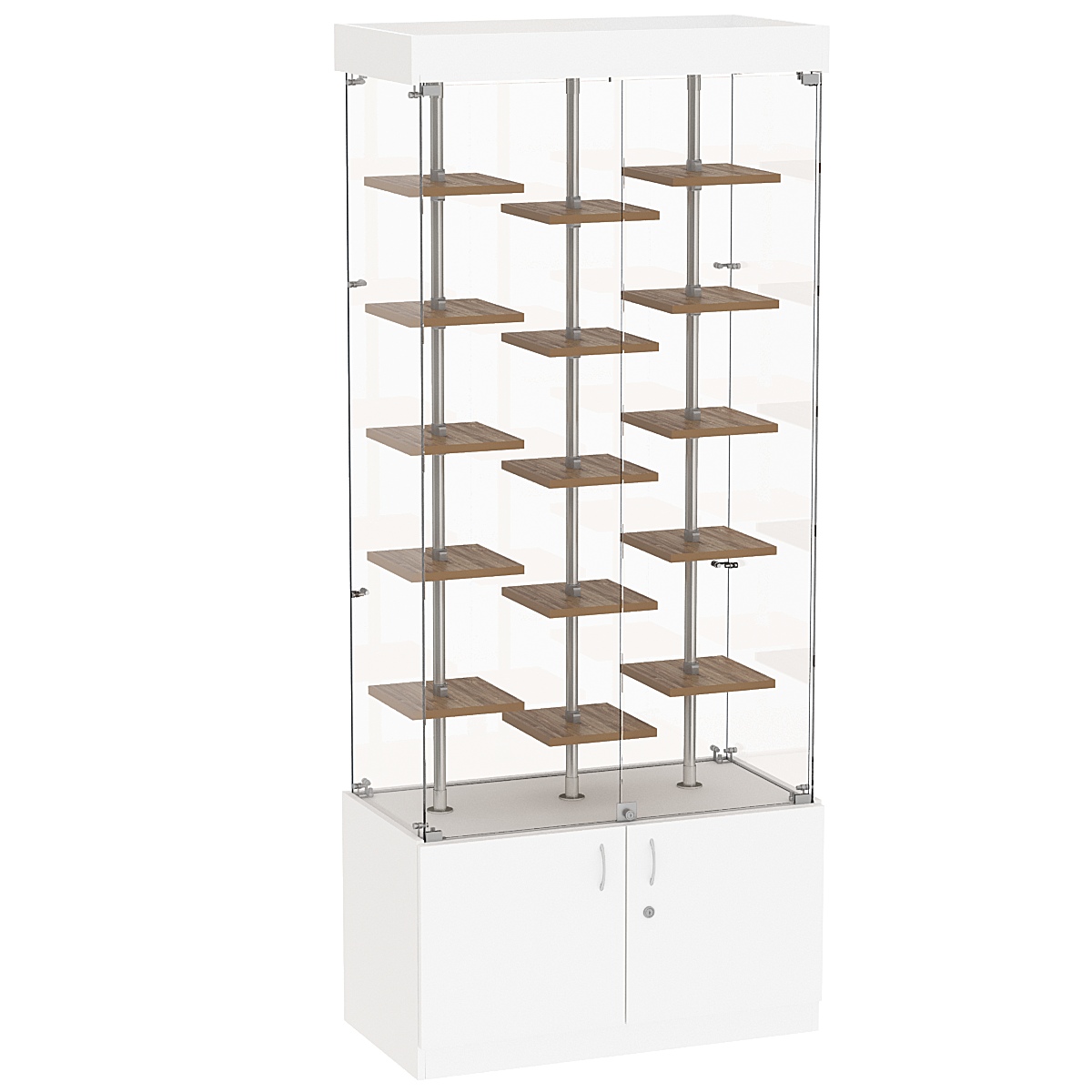 Стеклянная торговая витрина с накопителем и миниатюрными полками ДСП серии Протон №1-2 Белый + Дуб Канзас коричневый