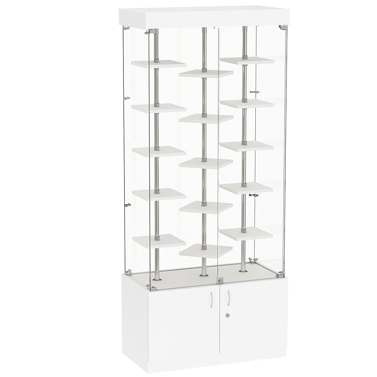 Стеклянная торговая витрина демонстра- ционная с маленькими полками ДСП серии Протон №1-3 Белый