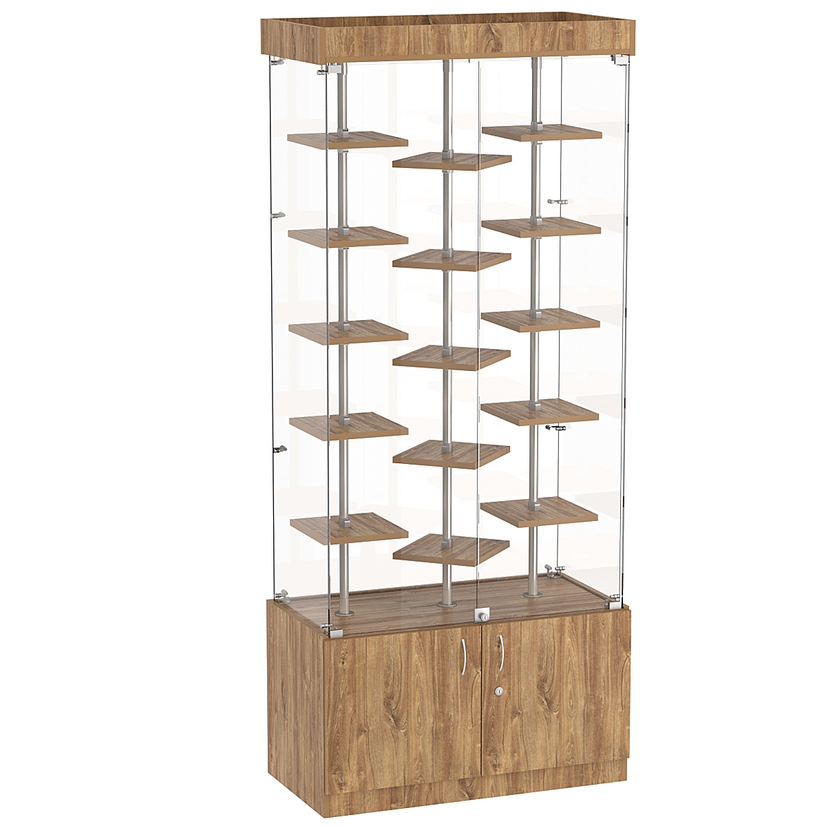 Стеклянная торговая витрина демонстра- ционная с маленькими полками ДСП серии Протон №1-3 Дуб канзас коричневый Н1113 ST10