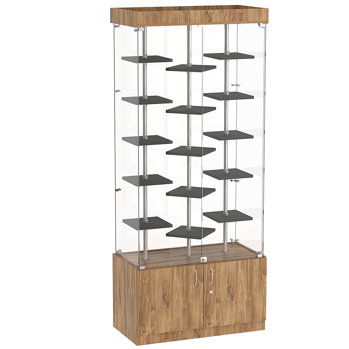 Стеклянная торговая витрина демонстра- ционная с маленькими полками ДСП серии Протон №1-3 Дуб Канзас коричневый + Черный