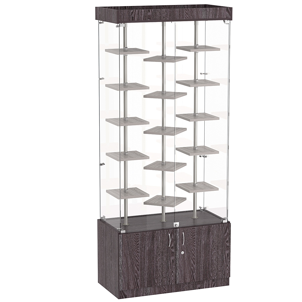 Стеклянная торговая витрина демонстра- ционная с маленькими полками ДСП серии Протон №1-3 Ясень Анкор темный + Ясень Анкор светлый