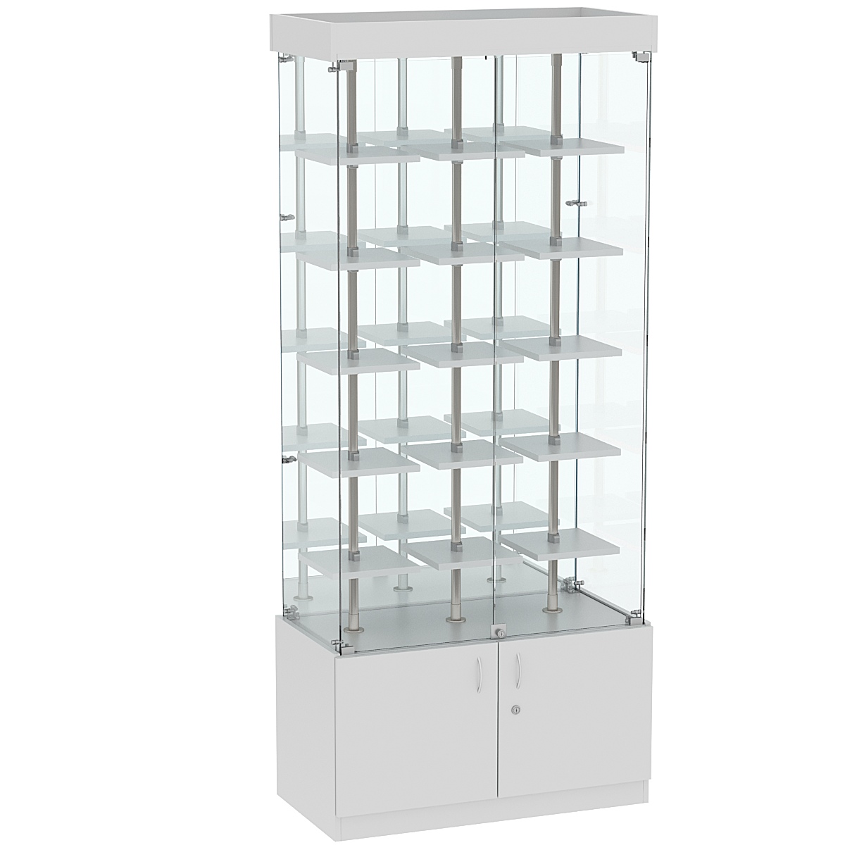 Стеклянная торговая витрина с зеркальной стенкой и маленькими полками ДСП серии Протон №3-1 Cерый