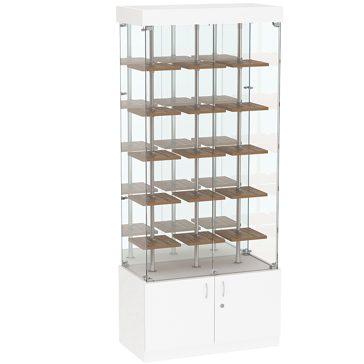 Стеклянная торговая витрина с зеркальной стенкой и маленькими полками ДСП серии Протон №3-1 Белый + Дуб Канзас коричневый