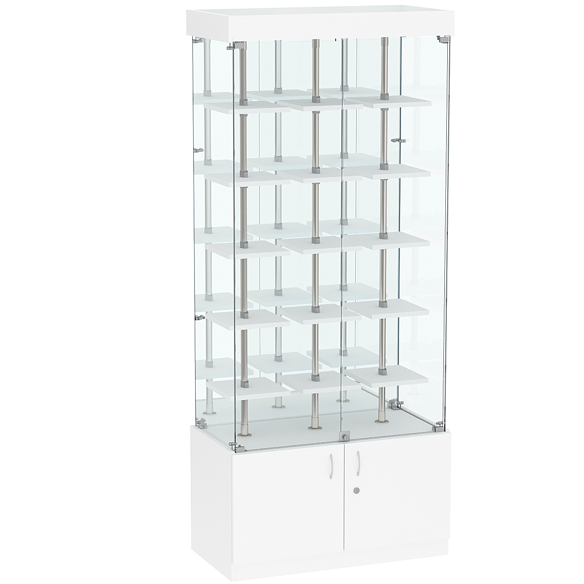 Стеклянная торговая витрина с зеркальной стенкой и маленькими полками ДСП серии Протон №3-1 Белый