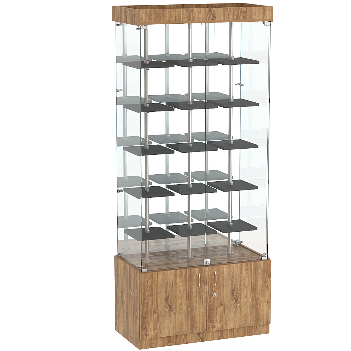 Стеклянная торговая витрина с зеркальной стенкой и маленькими полками ДСП серии Протон №3-1 Дуб Канзас коричневый + Черный