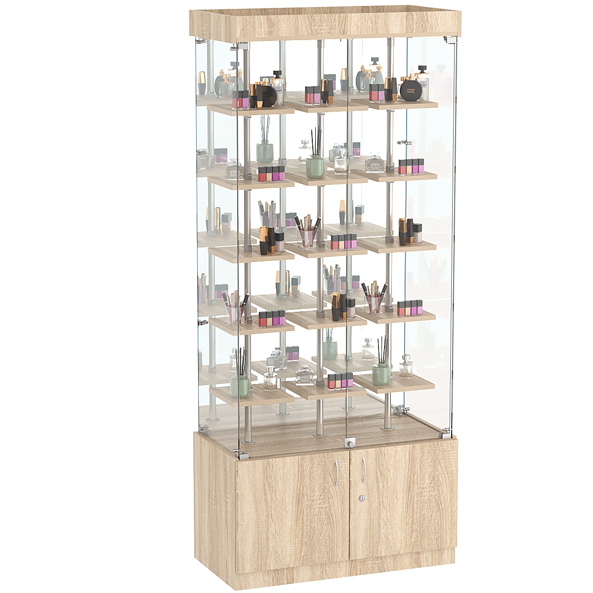 Стеклянная торговая витрина с зеркальной стенкой и маленькими полками ДСП серии Протон №3-1 Дуб сонома