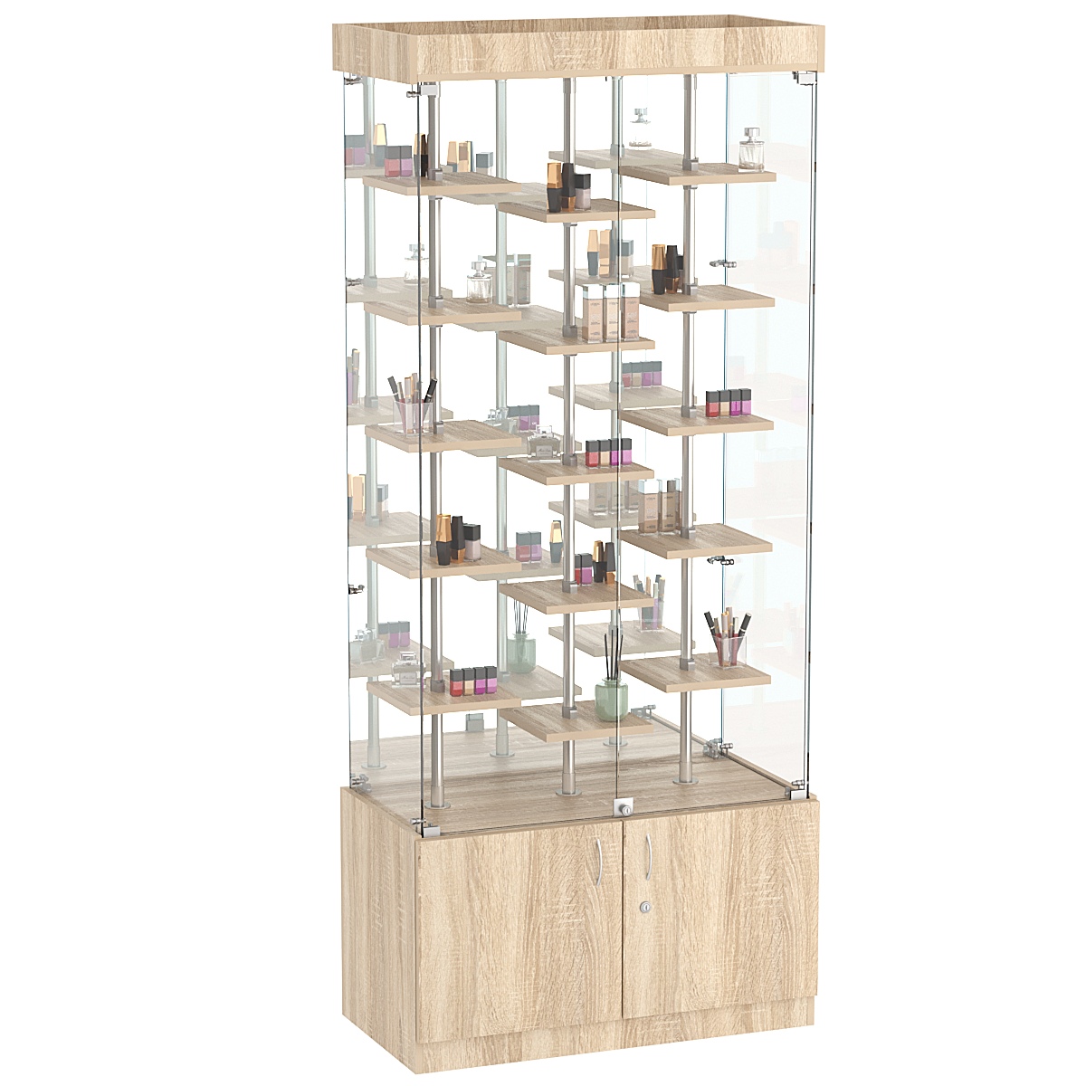 Стеклянная торговая витрина с тридцатью маленькими полками ДСП серии Протон №3-2 Дуб сонома