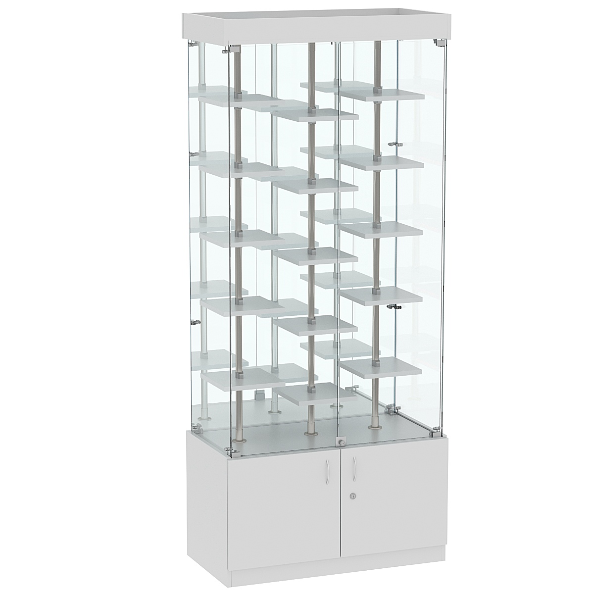 Стеклянная торговая витрина с тридцатью маленькими полками ДСП серии Протон №3-2 Cерый