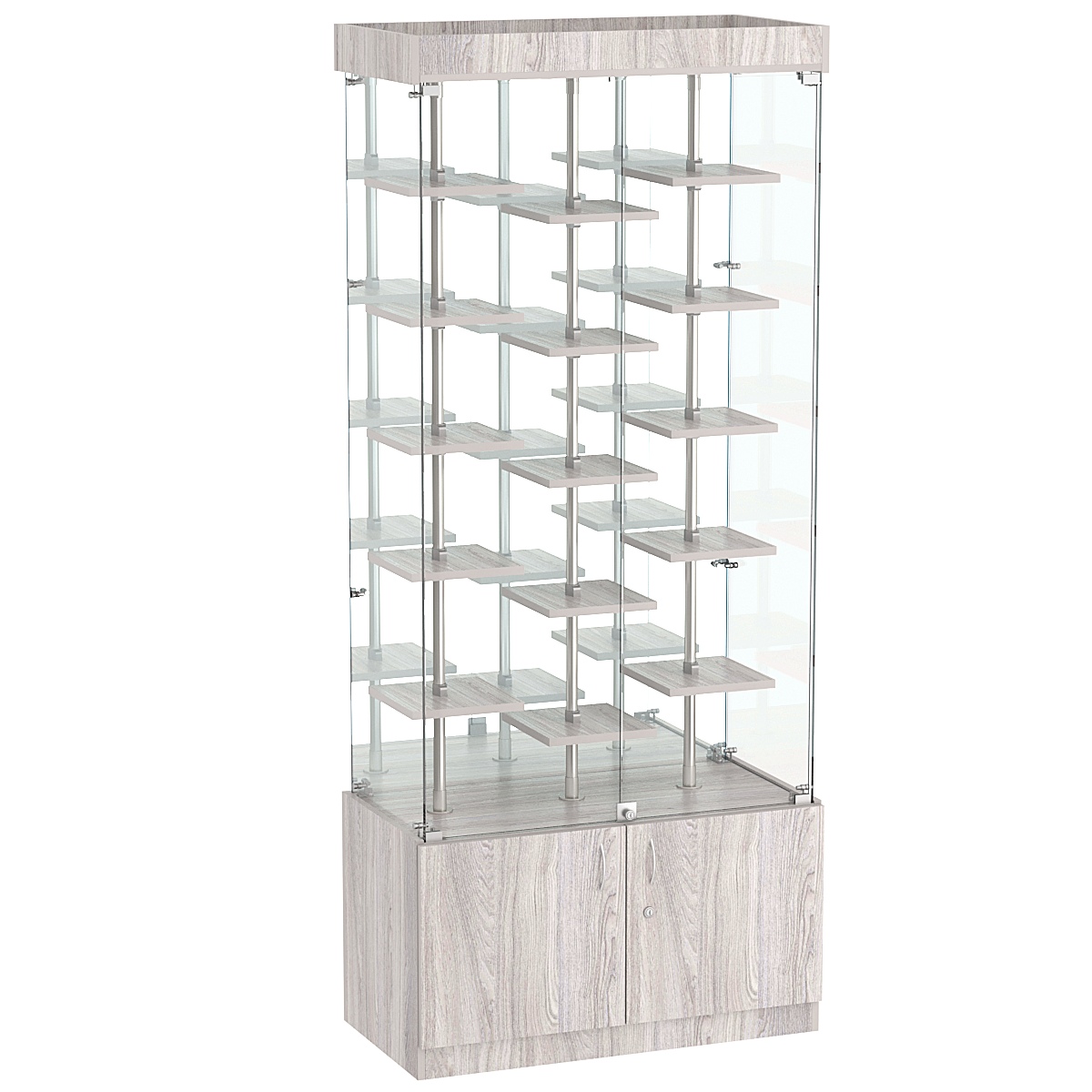 Стеклянная торговая витрина с тридцатью маленькими полками ДСП серии Протон №3-2 Ясень Анкор светлый - U31104
