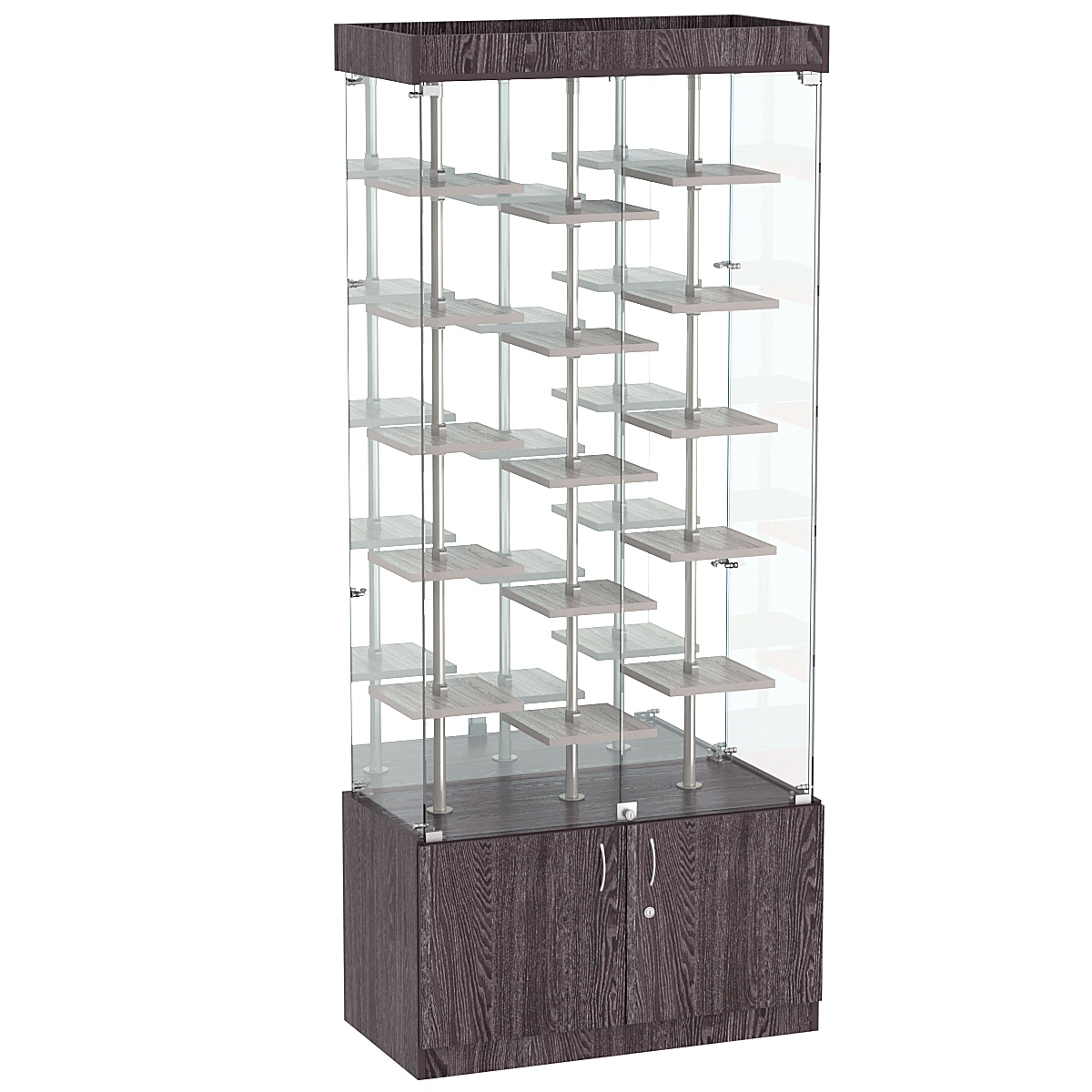 Стеклянная торговая витрина с тридцатью маленькими полками ДСП серии Протон №3-2 Ясень Анкор темный + Ясень Анкор светлый