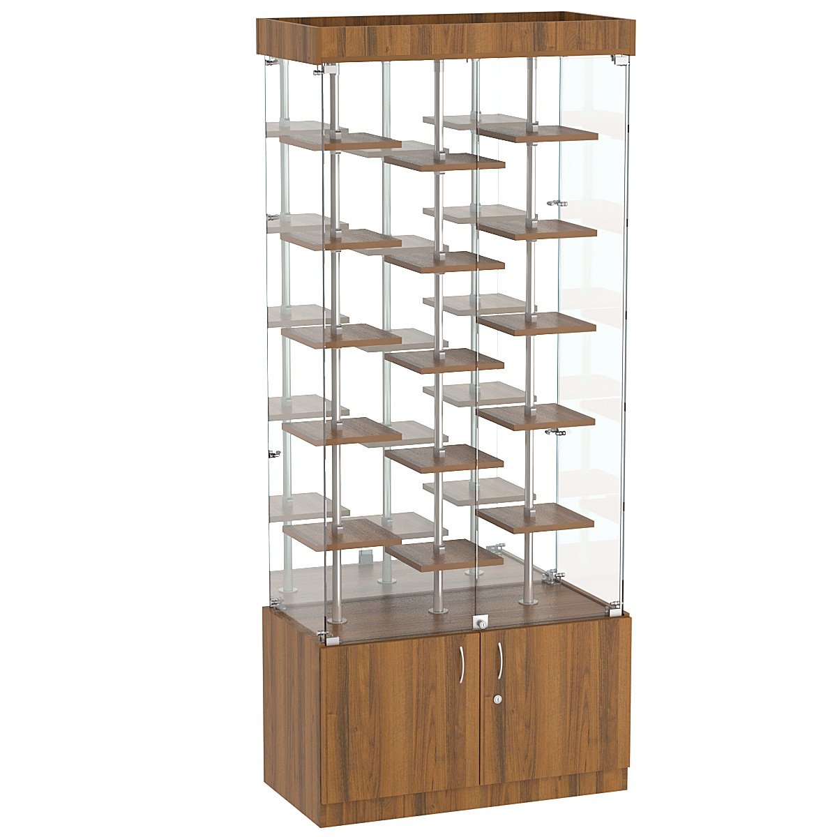 Стеклянная торговая витрина с тридцатью маленькими полками ДСП серии Протон №3-2 Орех