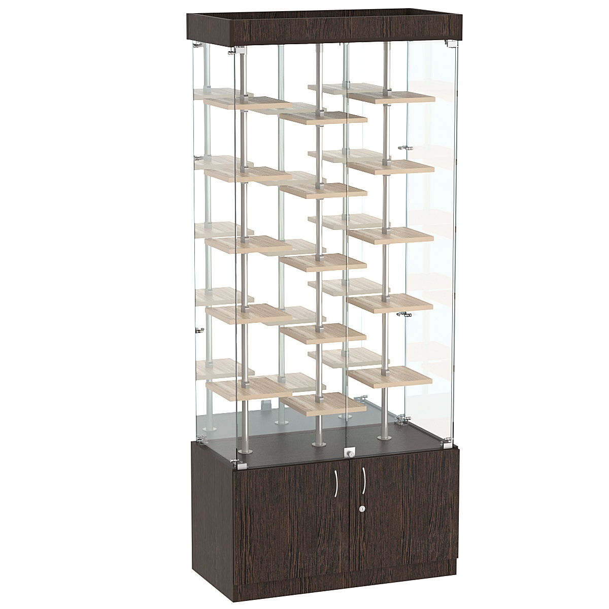 Стеклянная торговая витрина с тридцатью маленькими полками ДСП серии Протон №3-2 Дуб Венге и Дуб Сонома