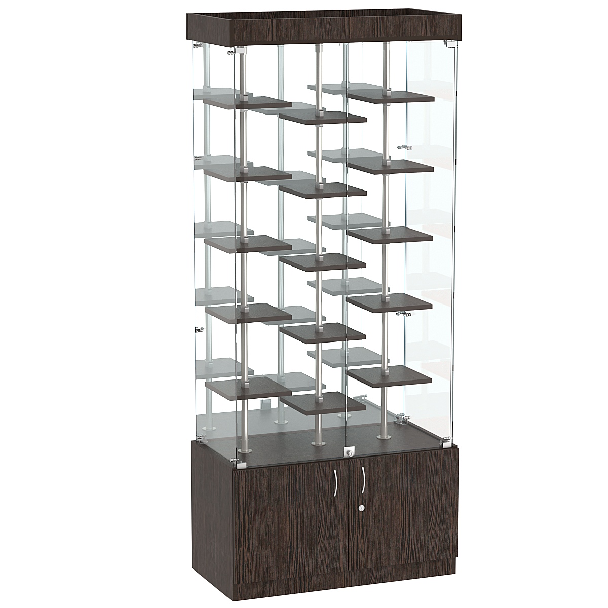 Стеклянная торговая витрина с тридцатью маленькими полками ДСП серии Протон №3-2 Дуб Венге