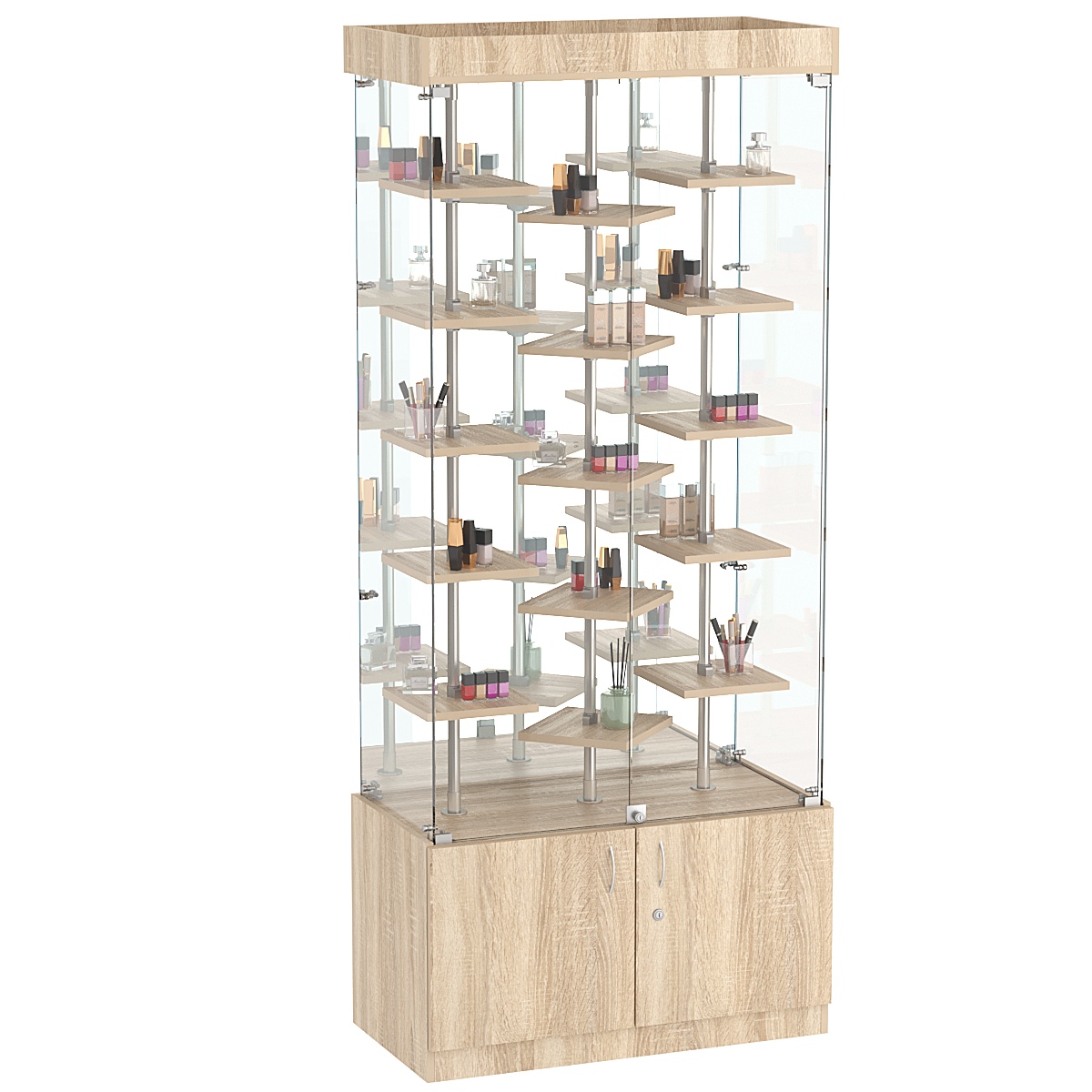 Стеклянная торговая витрина с хромирован- ными стойками и маленькими полками ДСП серии Протон №3-3 Дуб сонома