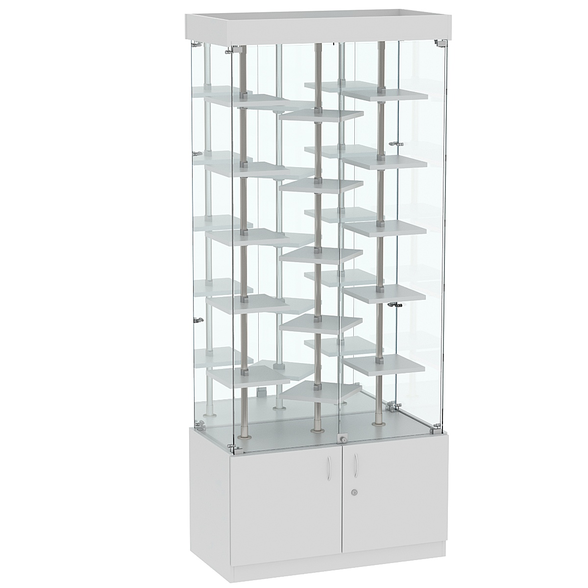 Стеклянная торговая витрина с хромирован- ными стойками и маленькими полками ДСП серии Протон №3-3 Cерый