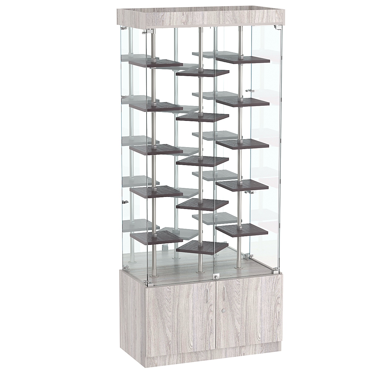 Стеклянная торговая витрина с хромирован- ными стойками и маленькими полками ДСП серии Протон №3-3 Ясень Анкор светлый + Ясень Анкор темный