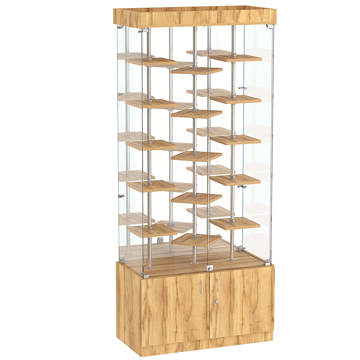 Стеклянная торговая витрина с хромирован- ными стойками и маленькими полками ДСП серии Протон №3-3 Дуб Золотистый