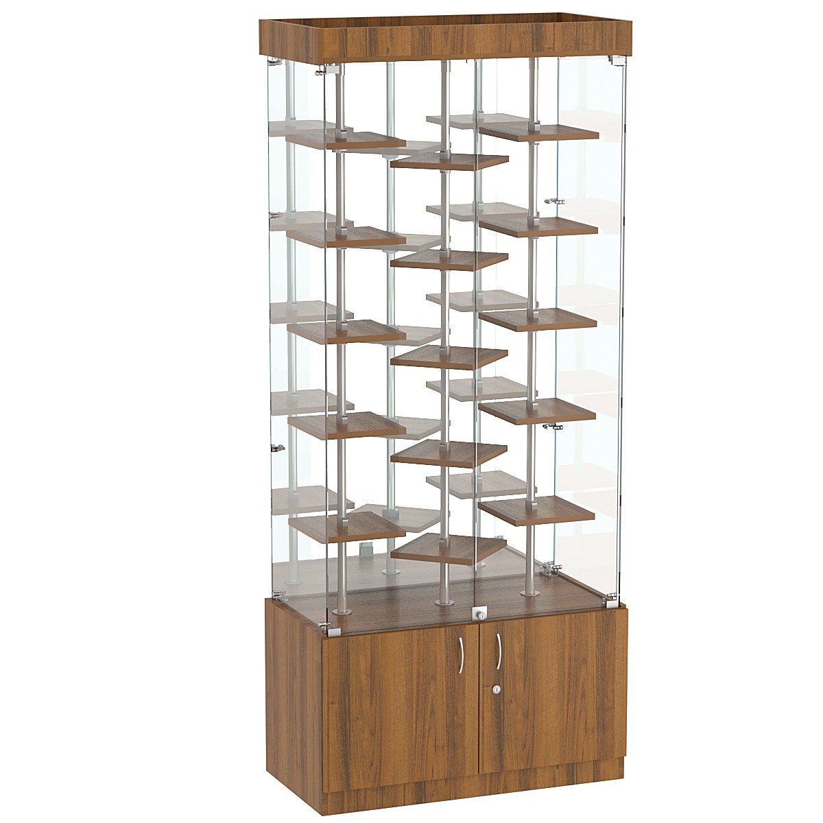 Стеклянная торговая витрина с хромирован- ными стойками и маленькими полками ДСП серии Протон №3-3 Орех