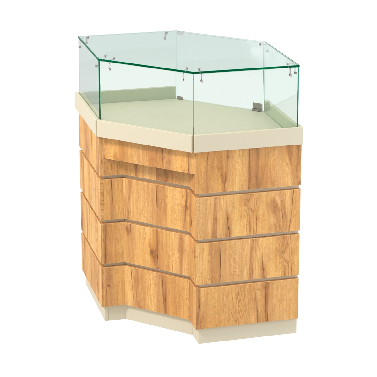 Торговый прилавок угловой внешний с утопленным фасадом №УФ-5 Крем Вайс и Дуб Золотистый