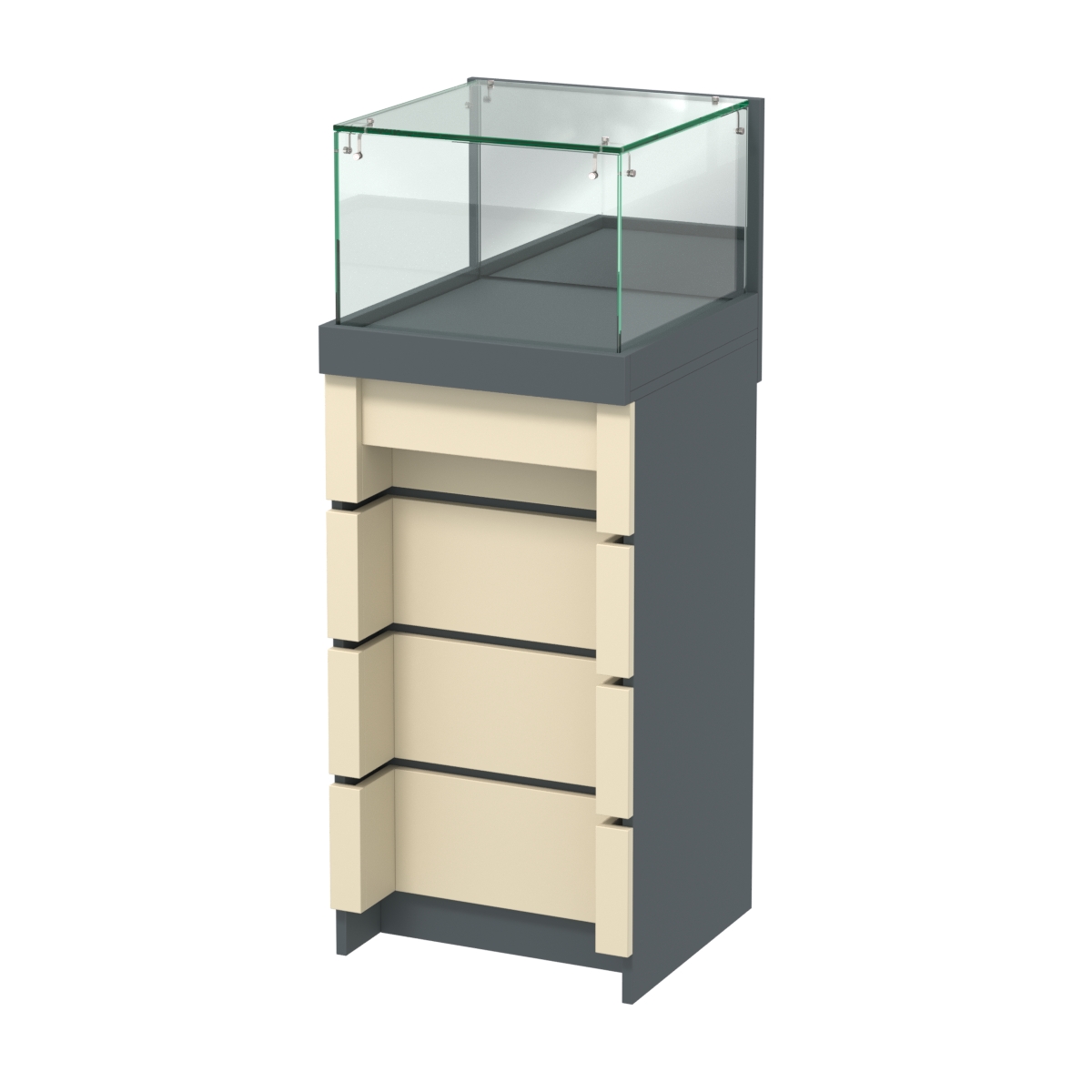 Торговый прилавок с утопленным фасадом и выдвижной зеркальной панелью №УФ-1-450 Темно-серый и Крем Вайс U2601-U2236