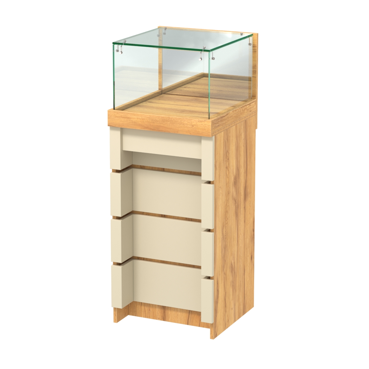 Торговый прилавок с утопленным фасадом и выдвижной зеркальной панелью №УФ-1-450 Дуб Золотистый и Крем Вайс